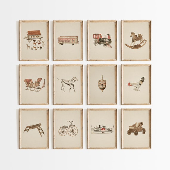 Vintage Toys Nursery Prints, Play Room Decor, Kids Wall Art, Neutral Gallery Wall Set