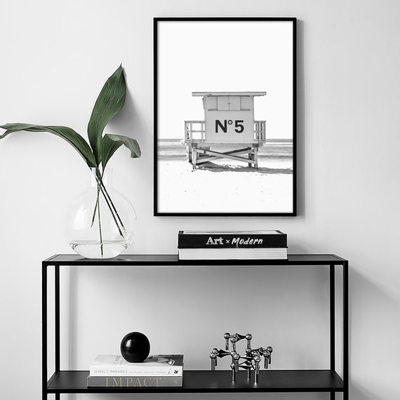 California Beach Poster, Black and White Lifeguard Tower Photography, Coastal Print, Wall Art Printable
