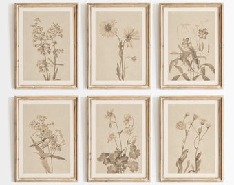 Vintage Wildflower Prints Set: Beige Botanical Gallery Wall Art, Digital Download
