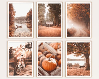 Fall Print Set of 6 Wall Art Autumn Gallery Wall Set Farmhouse Prints Nature Poster Landscape Art Pumpkin Thanksgiving Decor Orange Wall Art