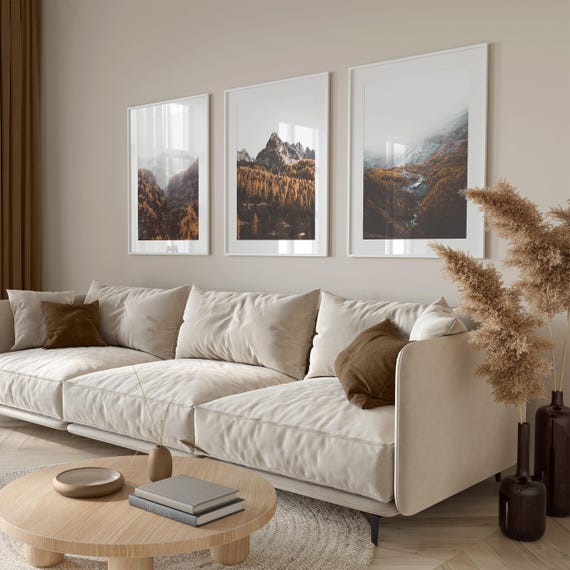 Fall Mountain Wall Art: Living Room Prints Set, Rustic Nature Posters, Brown Farmhouse Decor