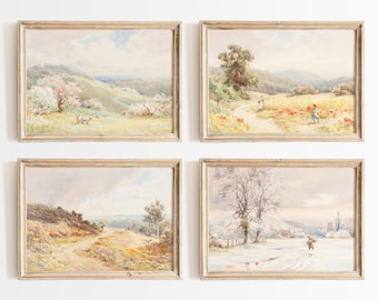 Four Seasons Vintage Landscape Print Set: Farmhouse Watercolor Painting, Spring, Summer, Autumn, Winter Art