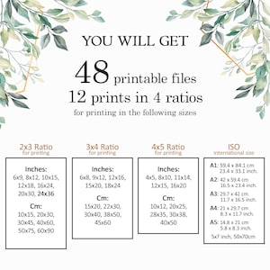 K&ouml;nnte beinhalten: Eine wei&szlig;e und gr&uuml;ne Grafik mit dem Text "You will get 48 printable files 12 prints in 4 ratios for printing in the following sizes". Die Grafik listet verschiedene Gr&ouml;&szlig;en in Zoll und Zentimetern f&uuml;r den Druck von Fotos in den Verh&auml;ltnissen 2x3, 3x4, 4x5 und ISO-Gr&ouml;&szlig;en auf.