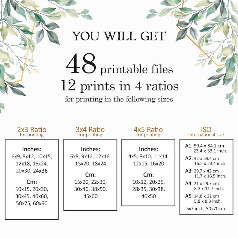 K&ouml;nnte beinhalten: Eine wei&szlig;e und gr&uuml;ne Grafik mit dem Text "You will get 48 printable files 12 prints in 4 ratios for printing in the following sizes". Die Grafik listet verschiedene Gr&ouml;&szlig;en in Zoll und Zentimetern f&uuml;r den Druck von Fotos in den Verh&auml;ltnissen 2x3, 3x4, 4x5 und ISO-Gr&ouml;&szlig;en auf.
