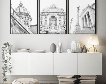 Black and White Italy Print Set of 3: Roman Architecture Wall Art, European Travel Prints, Rome Posters, Printable Decor