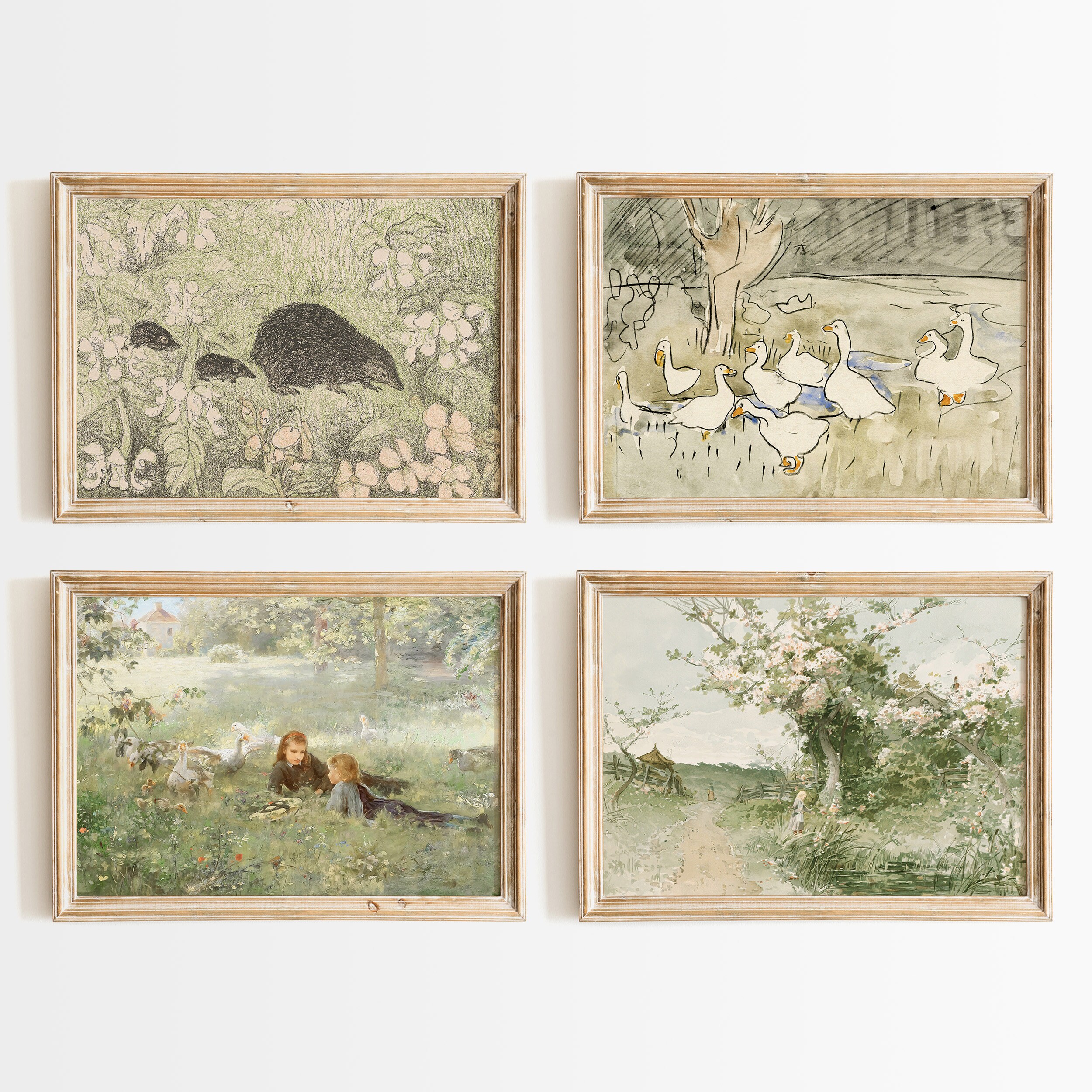 Neutral Nursery Wall Art Set: Vintage Painting Prints, Beige Baby Room ...