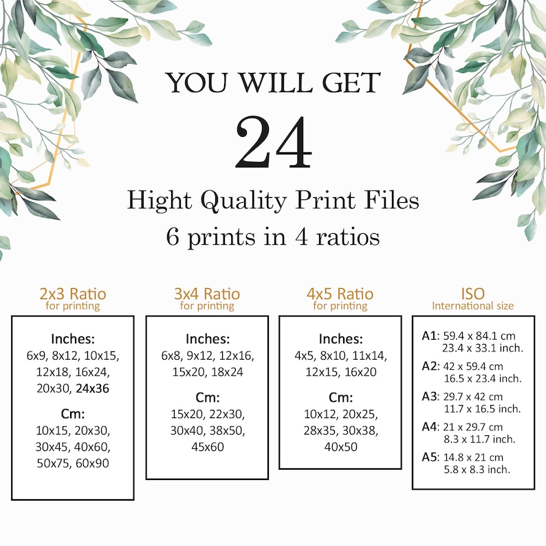 Puede incluir: Un gr&aacute;fico blanco con follaje verde a los lados. El texto "YOU WILL GET 24" est&aacute; en una fuente grande. El texto "Hight Quality Print Files 6 prints in 4 ratios" est&aacute; en una fuente m&aacute;s peque&ntilde;a. El gr&aacute;fico muestra diferentes tama&ntilde;os de impresi&oacute;n en pulgadas y cent&iacute;metros para las proporciones 2x3, 3x4 y 4x5. El gr&aacute;fico tambi&eacute;n muestra los tama&ntilde;os internacionales ISO en cent&iacute;metros y pulgadas.