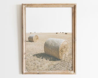 Hay Bale Field Print, Neutral Rustic Decor, Farmhouse Wall Art, Printable Country Poster