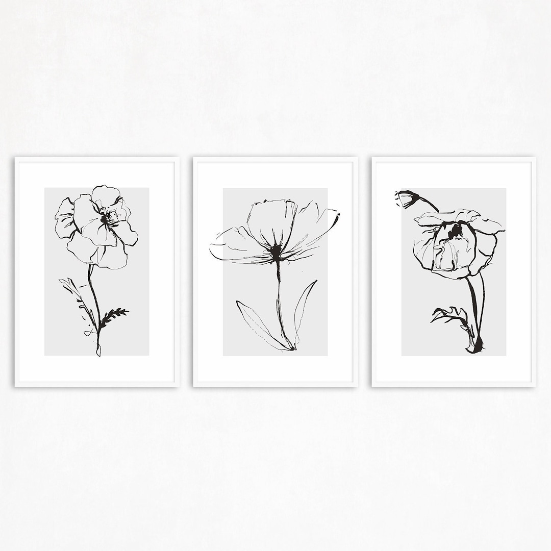 Botanical Line Art Prints: Minimalist Floral Wall Art Set, Gray Black ...