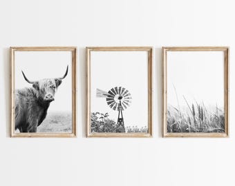Ensemble d'impressions de ferme rustique, art mural vache Highland, décoration murale moulin à vent, affiches de ferme à imprimer