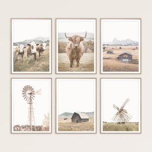 Farmhouse Prints Set of 6, Rustic Country Decor, Barn, Windmill, Highland Cow Wall Art