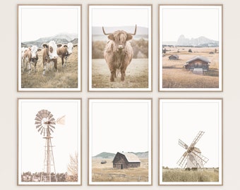 Farmhouse Prints Set of 6, Rustic Country Decor, Barn, Windmill, Highland Cow Wall Art