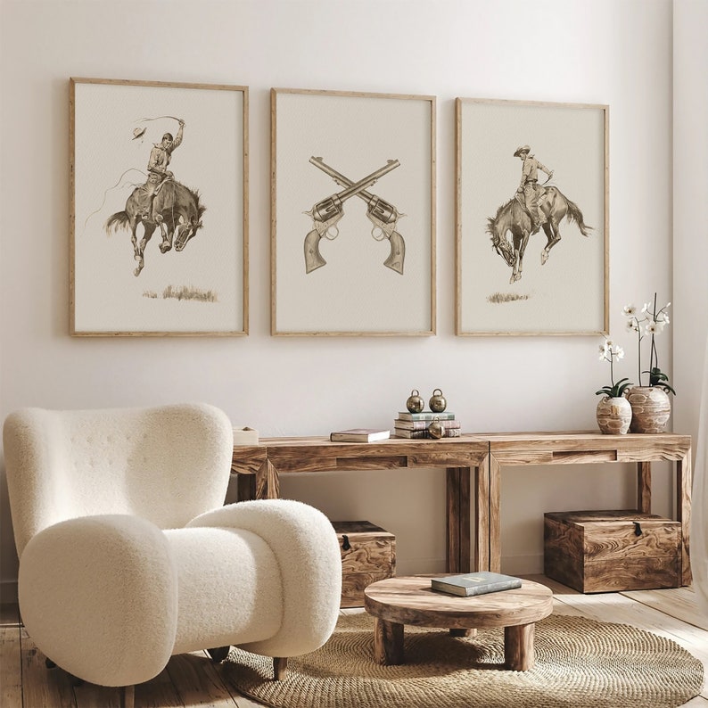 Vintage Cowboy Print Set: Western Ranch Decor, Neutral Country Prints ...