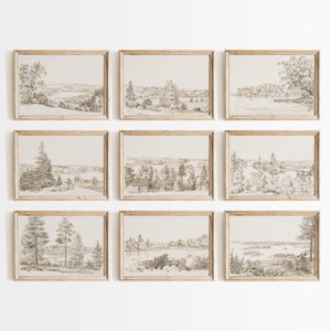 Minimalist Landscape Prints Vintage Sketch Art Rustic Country Decor Vintage Landscape Drawings Farmhouse Prints Neutral Gallery Wall Set
