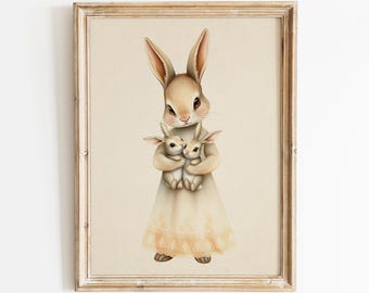 Vintage Mother Rabbit & Babies Print: Twin Nursery Decor, Woodland Animal Print, Digital Download