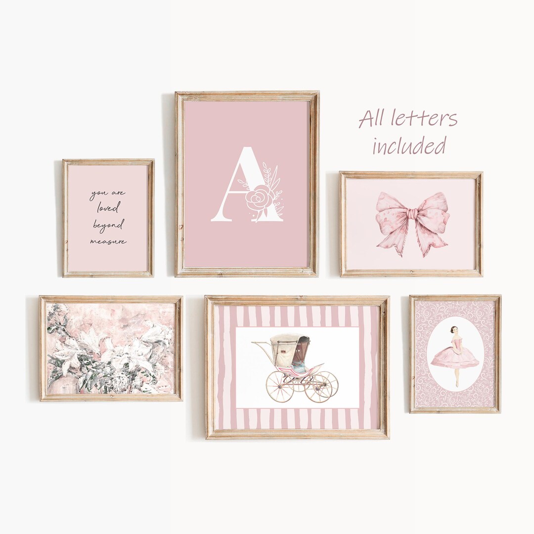 Pink Nursery Wall Art - Vintage Kids Room Prints, Initial Custom ...