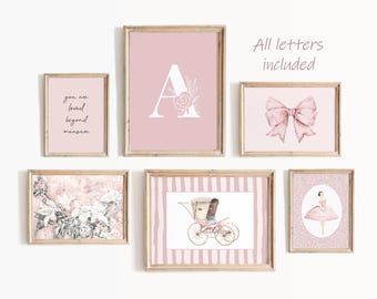 Pink Girl Nursery Wall Art Set – Vintage Girly Decor, Kids Room Prints