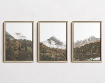 Mountain Prints Set of 3 Landscape Wall Art, Nordic Decor, Nature Posters, Fall Forest