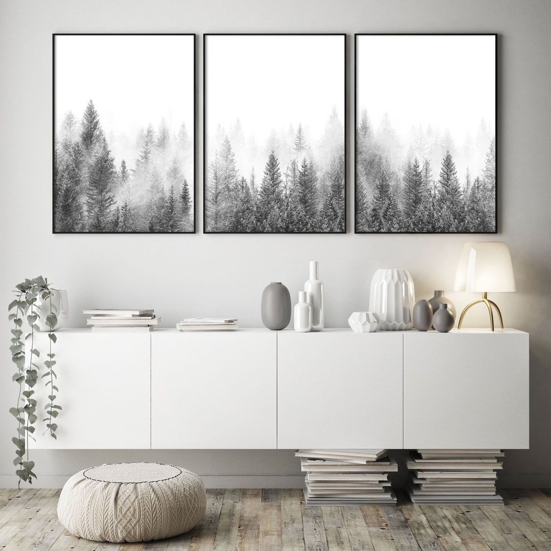 Forest Wall Art Black and White Print Set of 3 Prints Pine Scandinavian ...