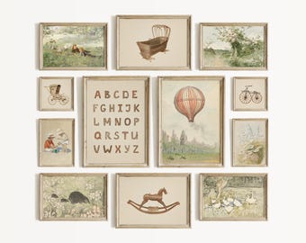 Vintage Nursery Prints: Neutral Nursery Wall Art, Vintage Paintings, Beige Baby Room Decor, Gallery Wall Set