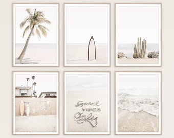 Beach Print Set of 6 Boho Prints Surf Decor Neutral Wall Art Beige Decor Surfboard Wall Art Gallery Wall Prints Ocean Poster Surfing Print