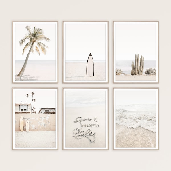 Beach Print Set de 6 Boho Prints Surf Decor Neutral Wall Art Beige Decor Surfboard Wall Art Gallery Wall Prints Ocean Poster Surfing Print