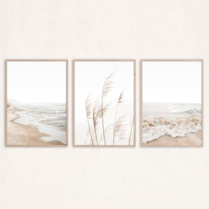 Juego de 3 impresiones de playa neutras, arte de pared, decoración bohemia, impresión para dormitorio, arte de pared costero, arte minimalista para sala de estar, póster de océano, fotografía de playa