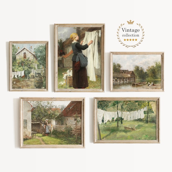 Laundry Room Art Prints: Vintage Painting, Farmhouse Cottage Decor, Set of 5 Wall Art