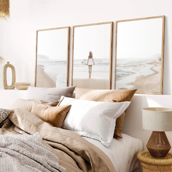 Set of 3 Wall Art Surf Prints: Neutral Coastal Beach Print, Boho Posters for Bedroom, Surfer Girl Print