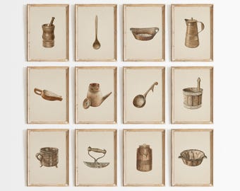 Farmhouse Kitchen Prints Set: Vintage Rustic Decor, Neutral Gallery Wall Art, Digital Download