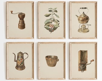 Vintage Coffee Art Print Set: Neutral Rustic Kitchen Decor, Gallery Wall Prints, Digital Download