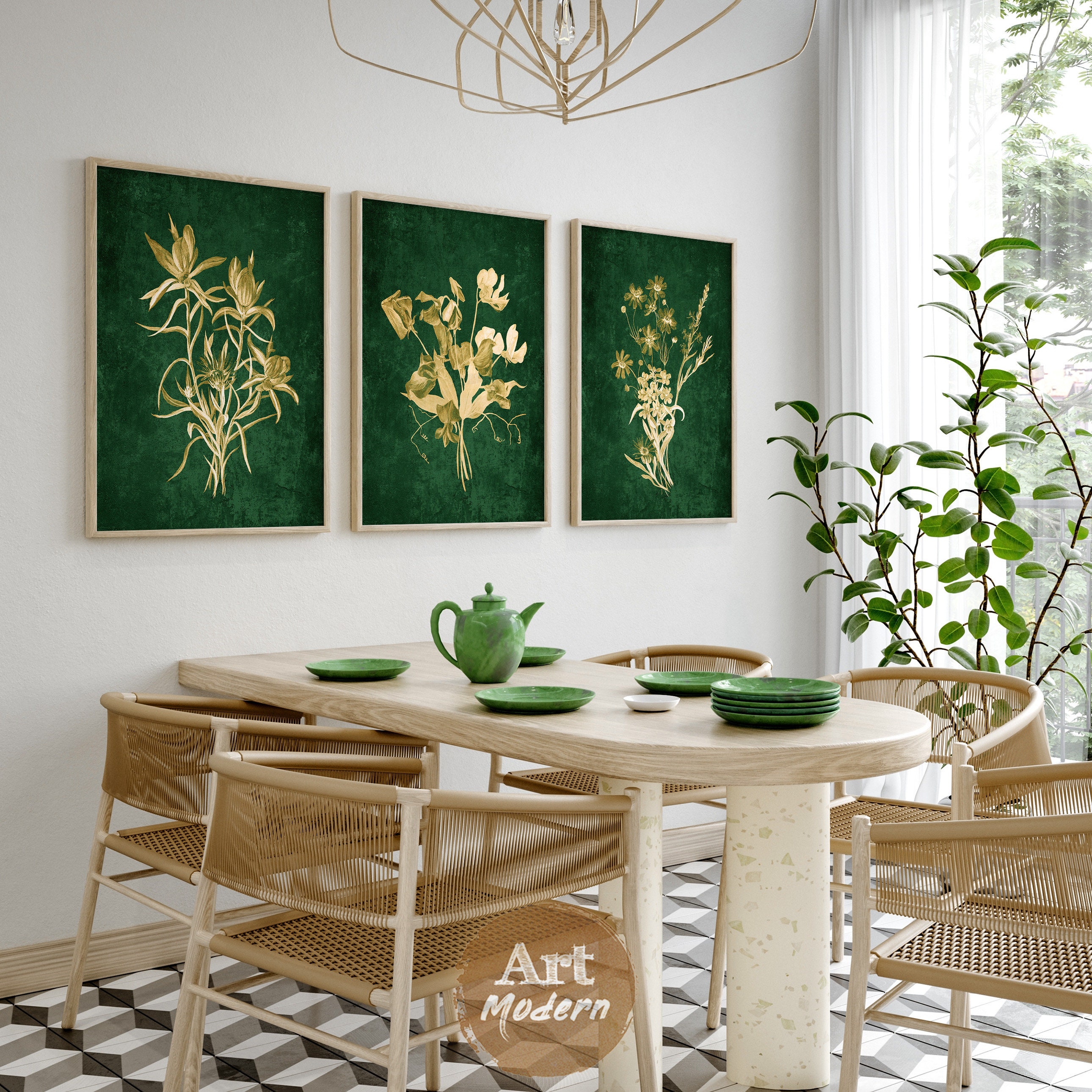 Emerald Green Botanical Print Set, Gold Floral Wall Art, Flower