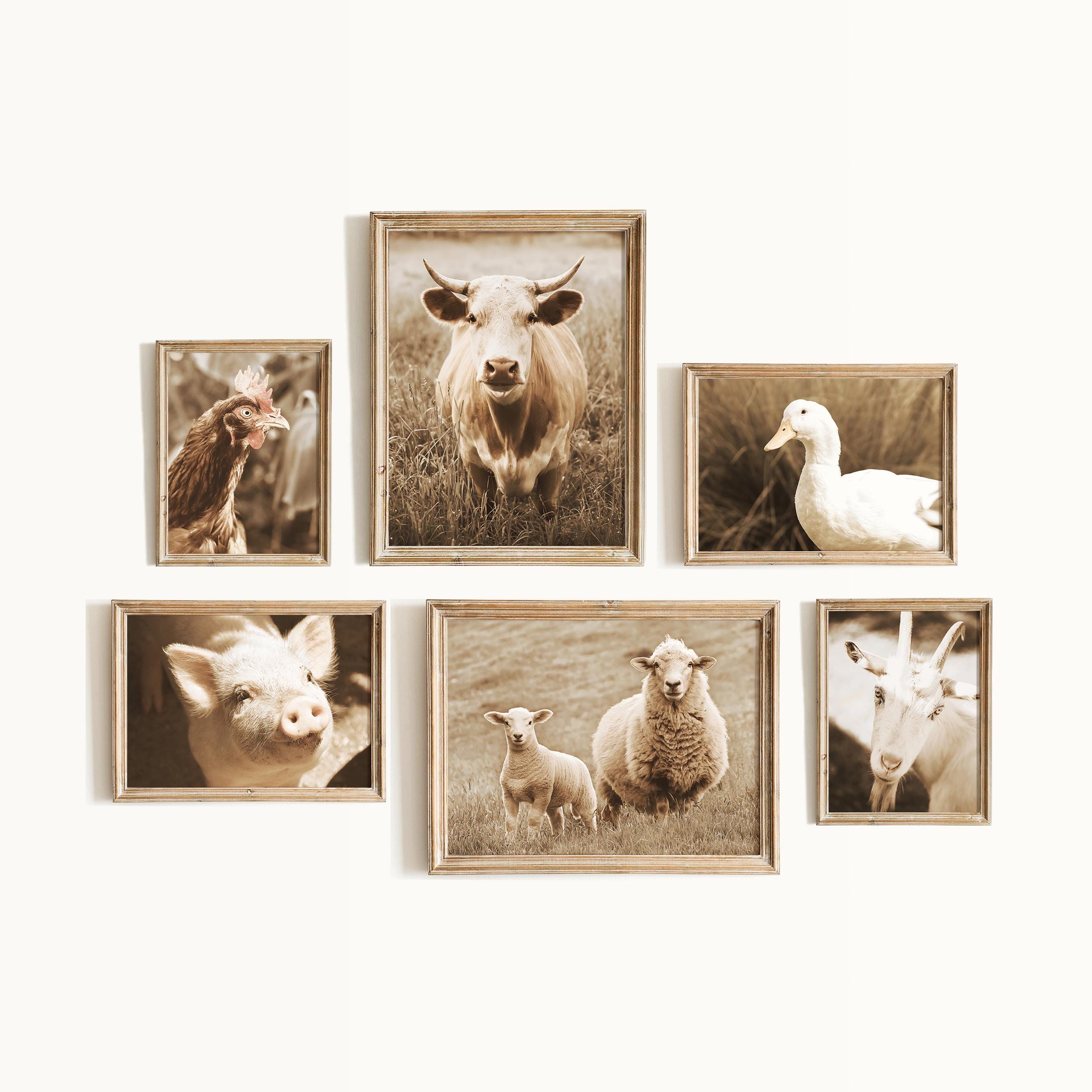 Sepia Farm Animal Wall Art Set: Rustic Country Prints, Neutral
