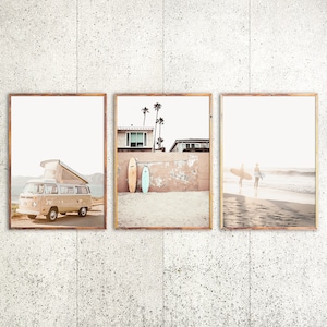 Set of 3 Surf Prints Coastal Beach Decor Surfboard Art VW Bus Print Surf Decor Surfing Poster Beige Print Surfboard Poster Camper Van Print