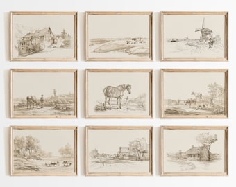 Vintage Farmhouse Landscape Sketch Prints, Neutral Gallery Wall Set, Minimal Landscape Art