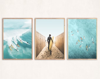 サーフボードプリント3枚セット、ビーチウォールアート、ブラック