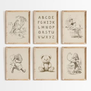Vintage Nursery Wall Art Set - Neutral Beige Nursery Decor, Fairy Tale Sketch Art, Alphabet Poster, Baby Girl Room Decor, Kids Bedroom Art