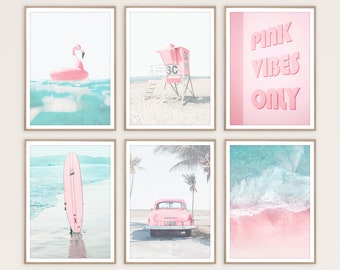 Pink Gallery Wall Set of 6 Beach Prints Blush Pink Wall Decor Tropical Wall Art Surf Decor Pink Vibes Only Pink Ocean Printable Beach Poster