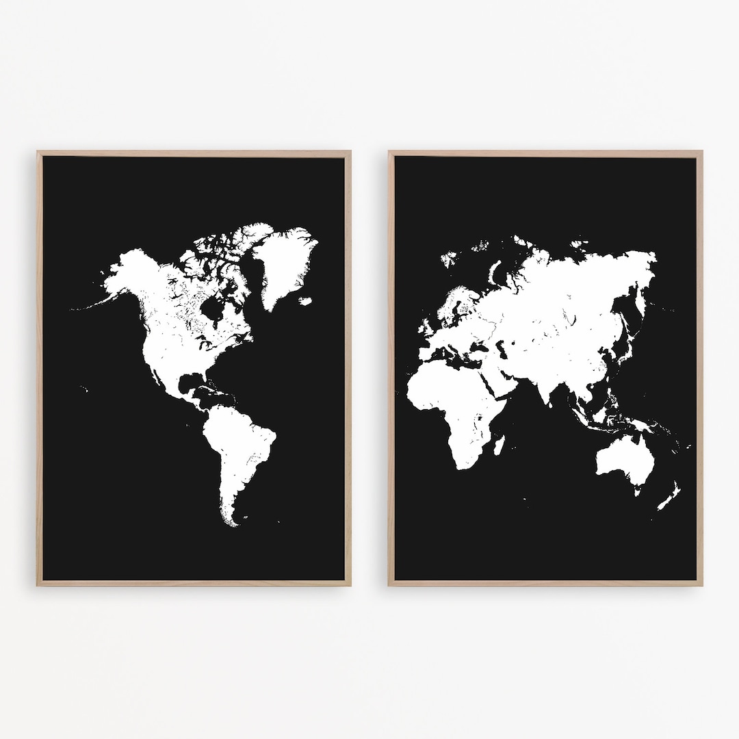 Black World Map Wall Art Map of the World Print Set of 2 Prints Black and White Map Print Travel