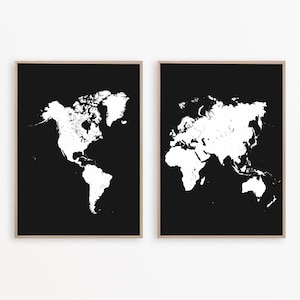 Schwarze Weltkarte Wandkunst Weltkarte Drucke Set von 2 Drucken Schwarz-Weiß-Karte Drucke Reiseposter Weltkarte Druck Reise Wand dekor