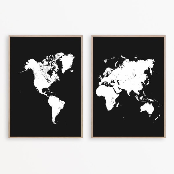 Black World Map Wall Art Map of the World Print Set of 2 Prints Black and White Map Print Travel Poster World Map Print Travel Wall Decor