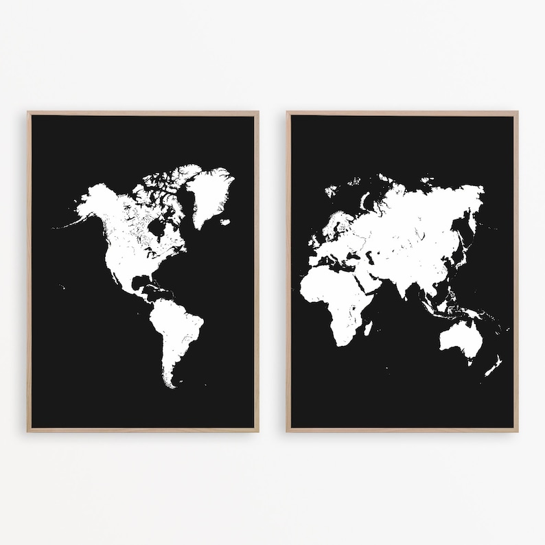 Black World Map Wall Art Map of the World Print Set of 2 Etsy