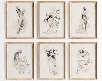 Figure Sketch Art Print Neutral Gallery Wall Set Abstract Wall Prints Line Art Minimalist Bedroom Decor Vintage Drawing Art Female Prints