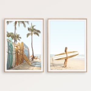 Surf Print Beach Print Set of 2 Wall Art Surfing Poster Surfer Girl Art Coastal Wall Art Beach Decor Palm Tree Print Tropical Wall Art Set