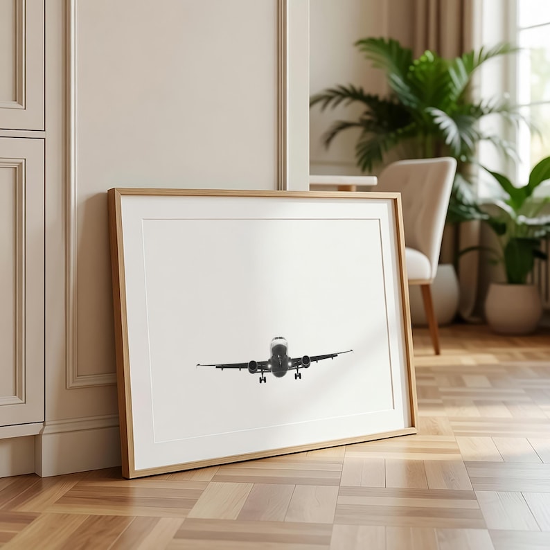 May include: A framed print showing a black and white image of an aeroplane. The aircraft is centrally positioned, with its landing gear down. The print is in a light wood frame, leaning against a wall. The background is a neutral colour.