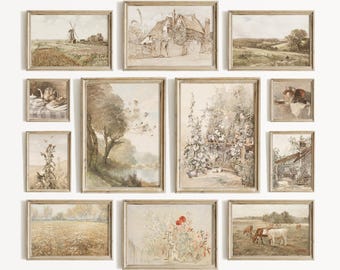 Neutral Watercolor Landscape Prints: Vintage Farmhouse Wall Art, Beige Gallery Wall Set, Digital Download