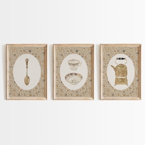 Vintage theeprintset: Franse landelijke keukenkunst, rustieke boerderij-eetkamerafdrukken