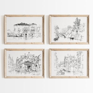 Venice Print Set Neutral Vintage Architecture Sketch Cityscape Print Minimalist Decor Antique Drawing Italy Wall Art Abstract Line Print