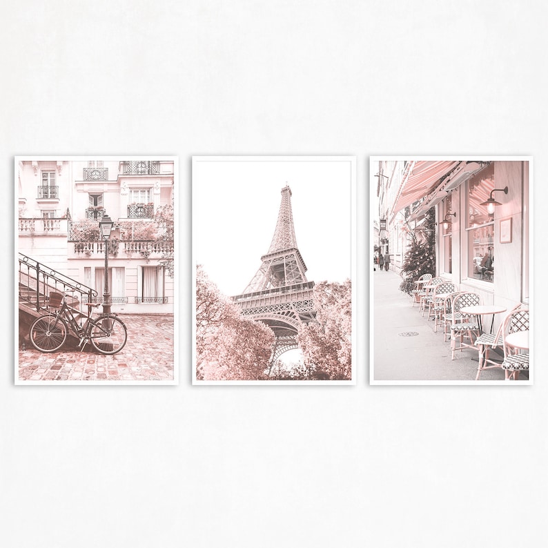Paris Wall Art Pink Decor for Bedroom Print Set of 3 Prints Etsy