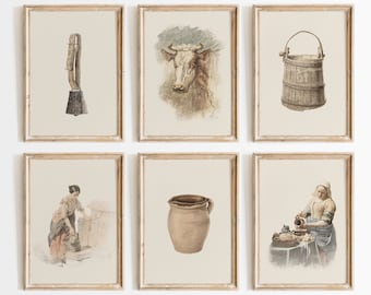 Farmhouse Kitchen Prints Set: Rustic Farm Decor, Vintage Cow & Milk Art, Country Pictures Printable